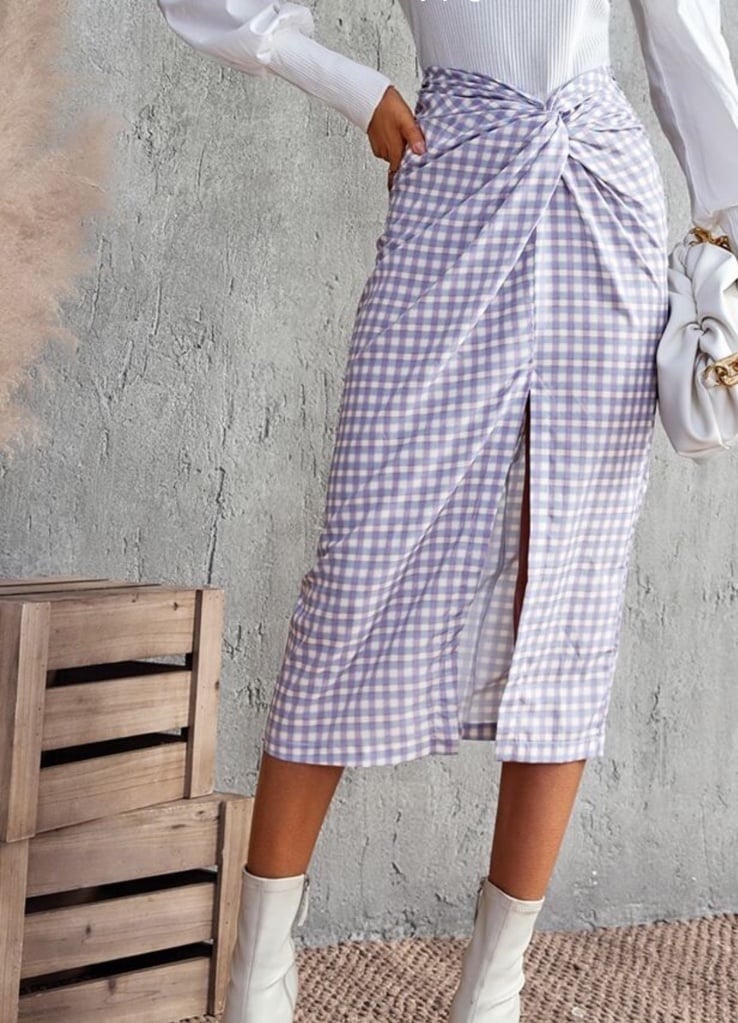 ZARA Plaid Print Twist Front Split Midi Skirt