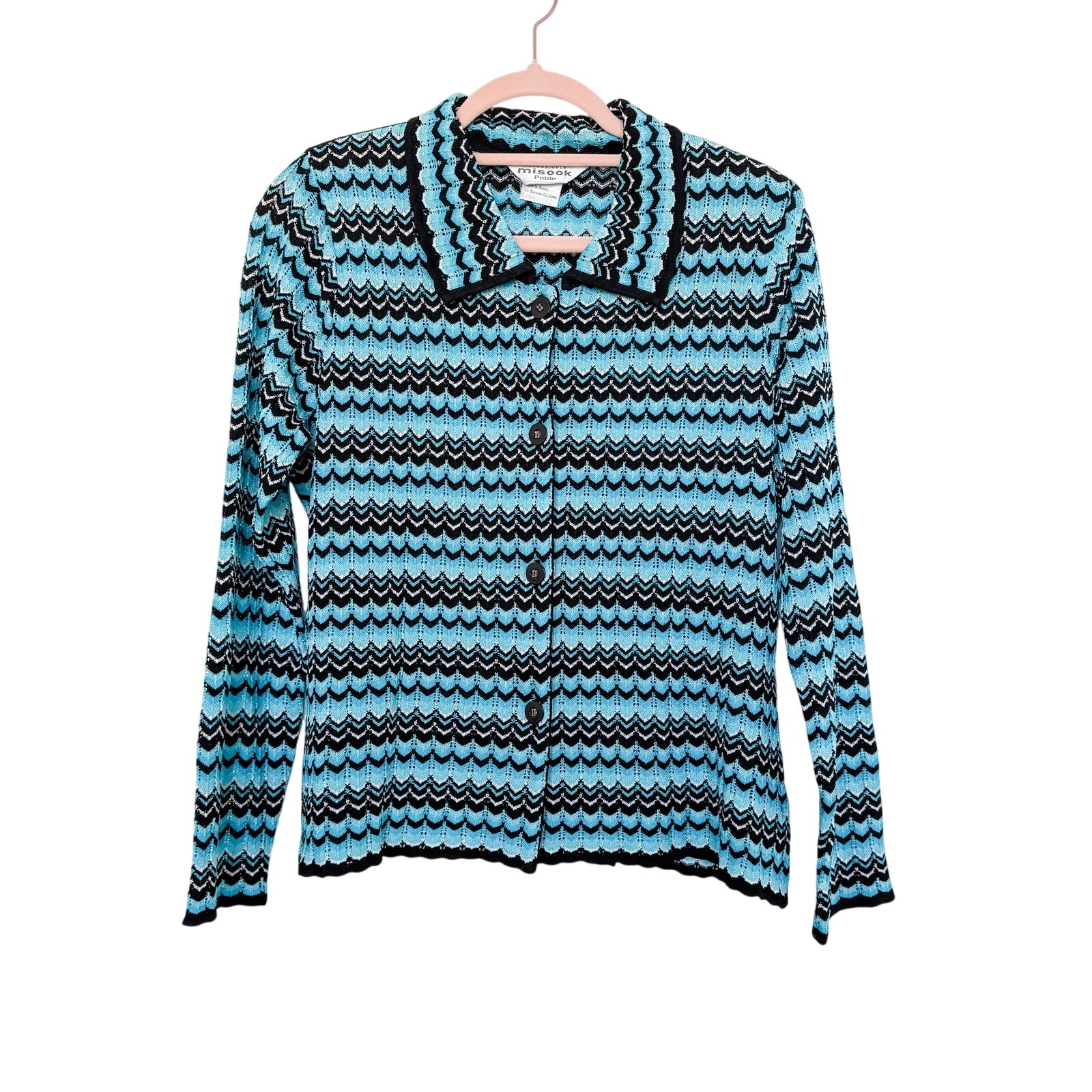 Exclusively Misook Cardigan Womens Small Petite Knit Button Front Black Blue 70s