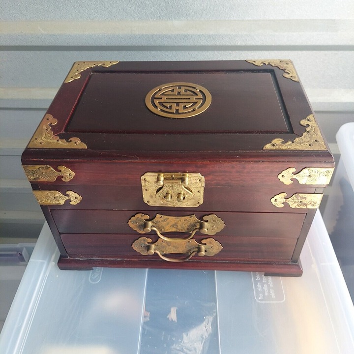 20th Century Asian Wood and Iron Mounted Hardwood Jewelry Box Casket Case - READ