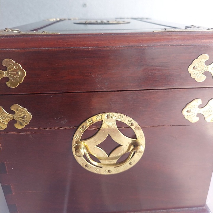 20th Century Asian Wood and Iron Mounted Hardwood Jewelry Box Casket Case - READ