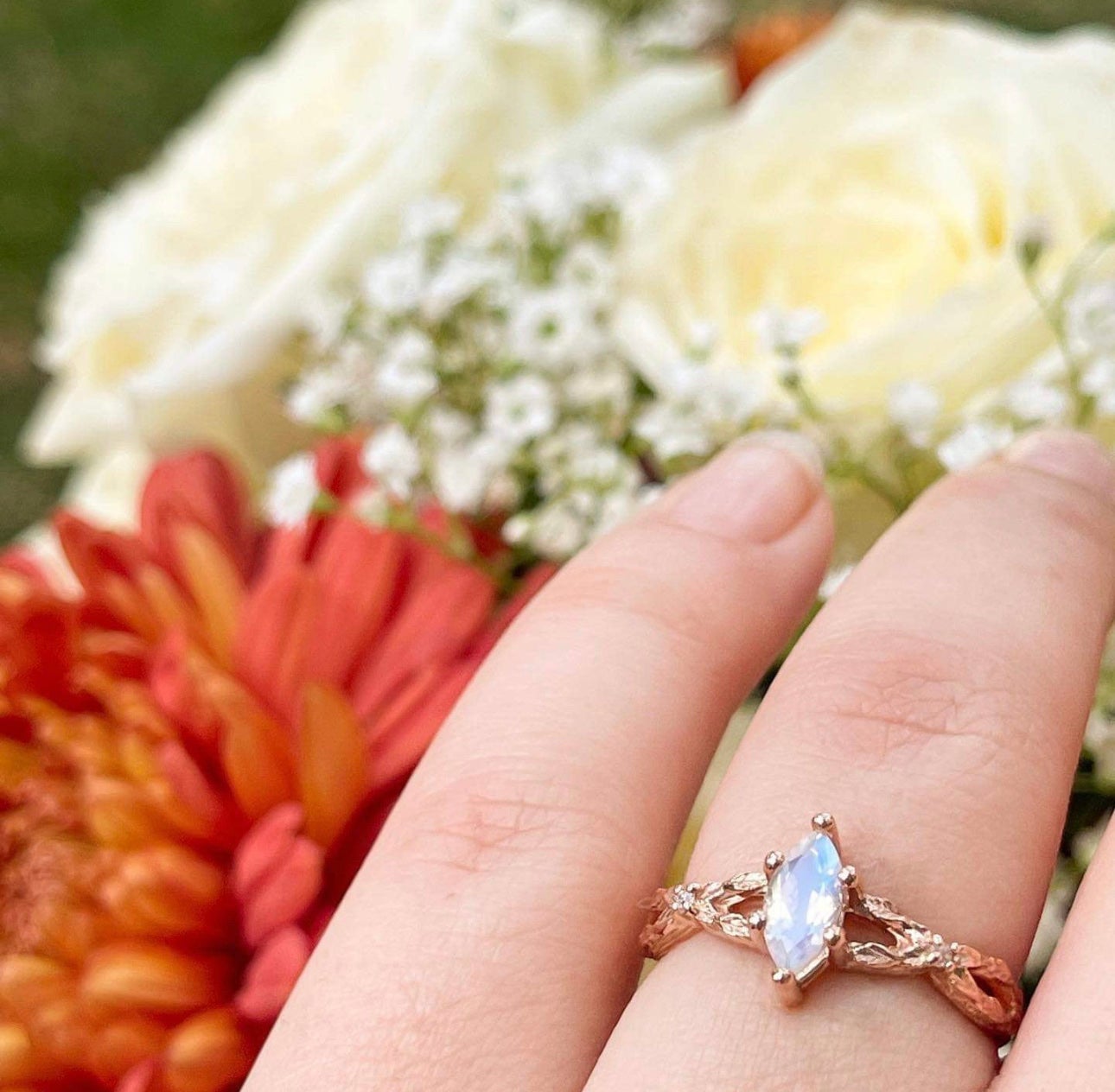 Rainbow Moonstone and Diamond Engagement Ring