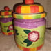 Hand Painted Ceramic 3 Piece Canister Set with Flowers and Checkerboard