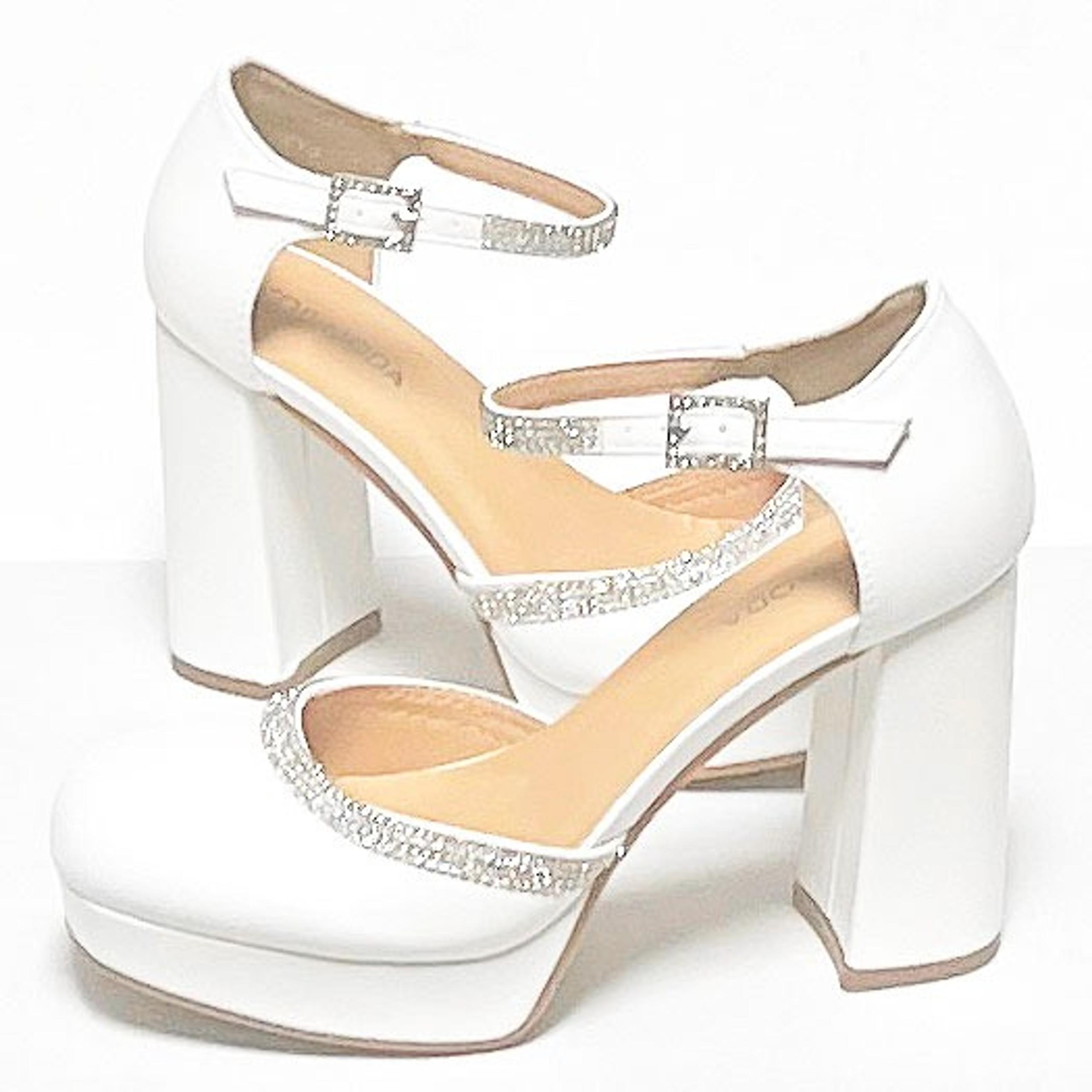 New Womens White Rhinestone Mary Jane Platform Chunky Heel Pumps Size 5