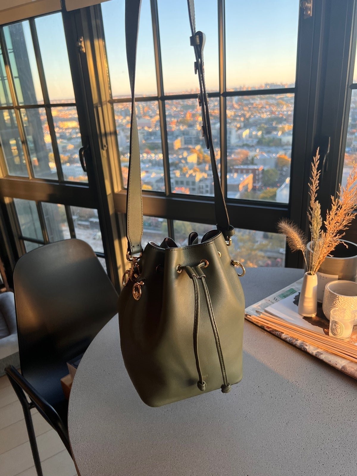 Calfskin Leather Green Bucket Bag
