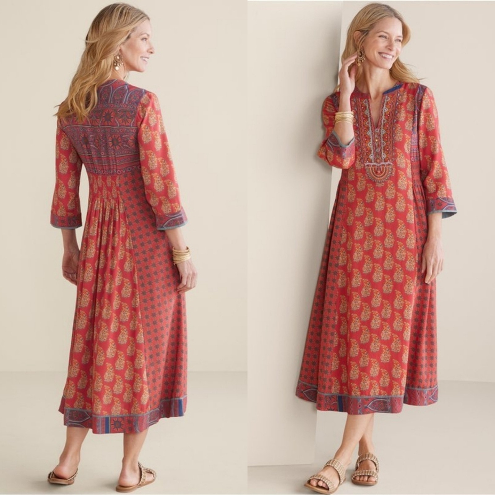 SOFT SURROUNDINGS Sz Petite XS Phoenix Embroidered Mixed Print Midi Dress Boho