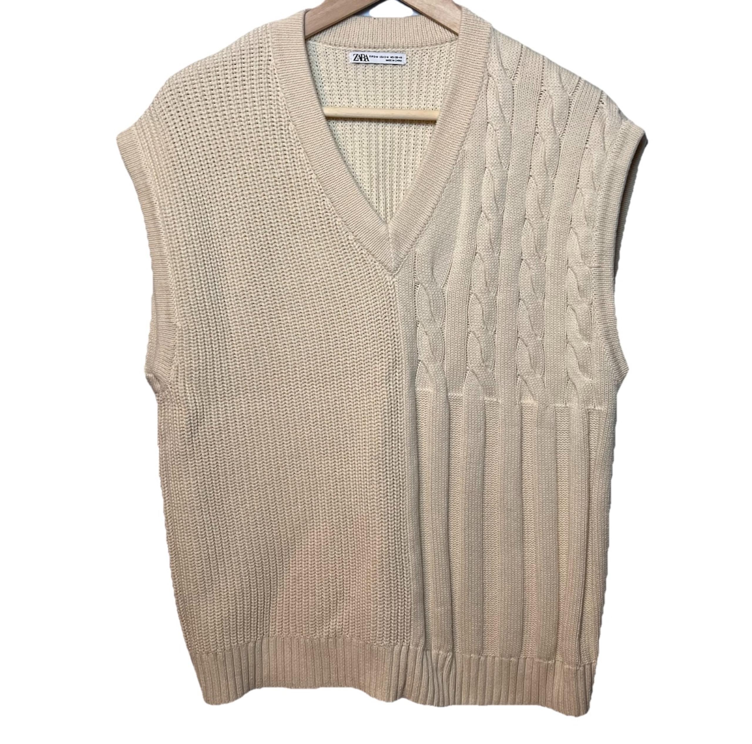 ZARA Men's Sweater Vest size S-M Cable Knit V-Neck Cream Beige Sleeveless