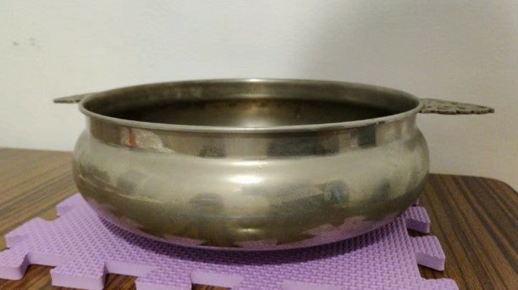 Metal Vase platter planter mark english silver mfg Corp USA Leonard tray handle
