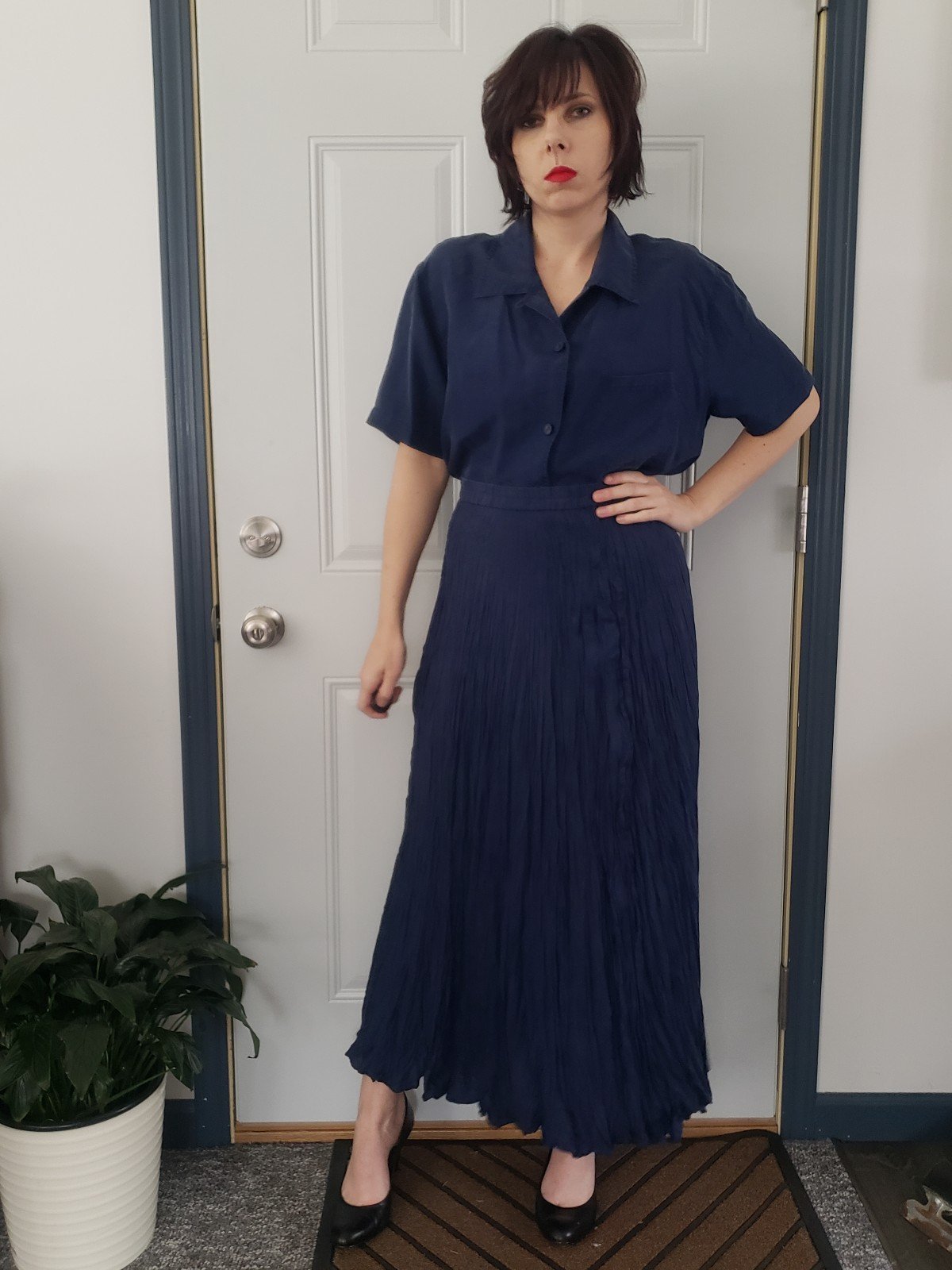 90s Diane Von Furstenberg Navy Blue Silk Skirt Set