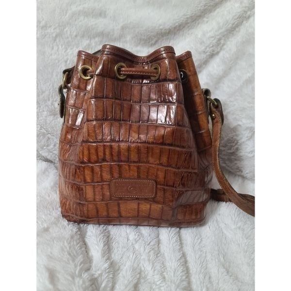 Vintage Dooney & Bourke Brown Croc Leather Drawstring Bucket Bag