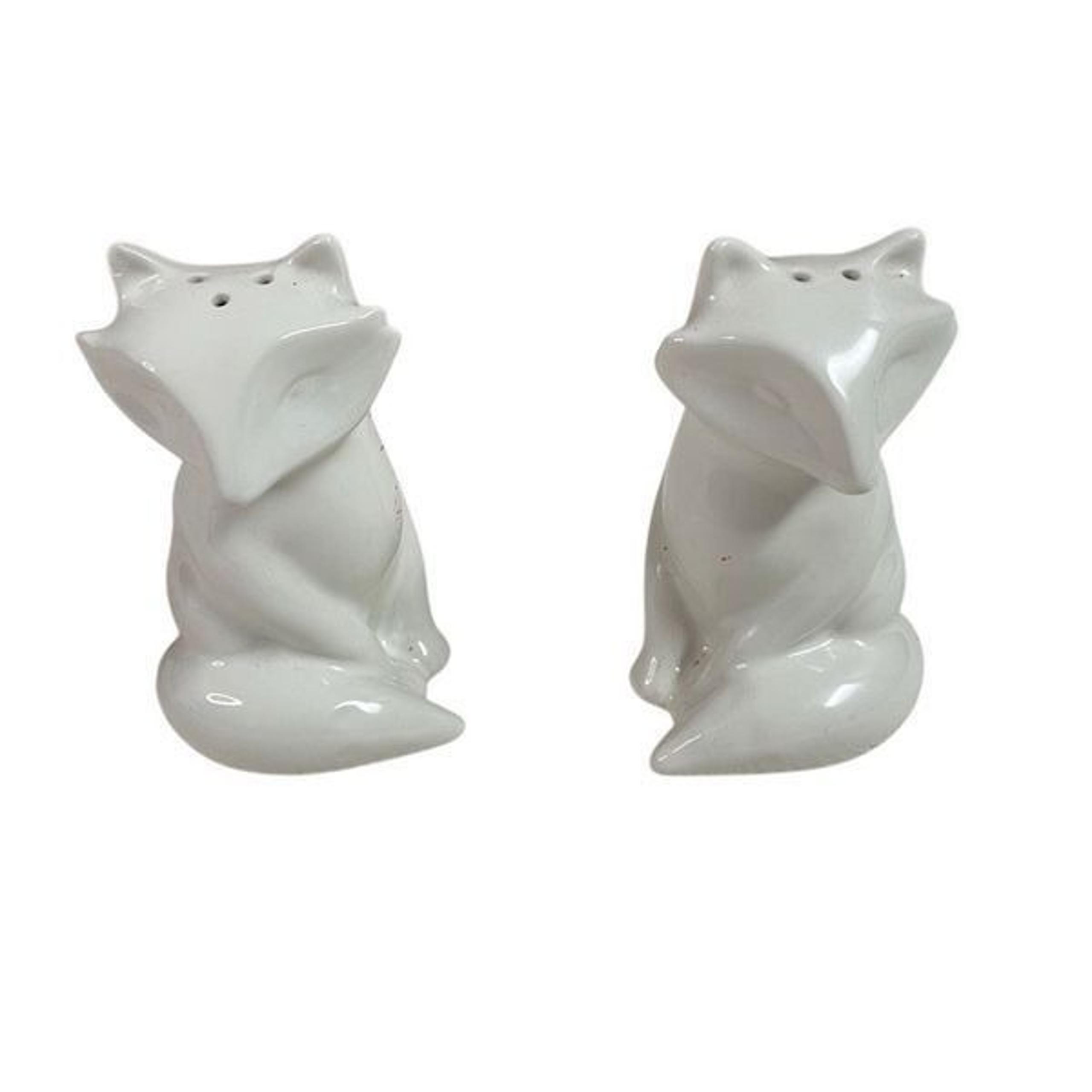 Stoneware Fox Salt Pepper Shaker Set White Modern Minimalist 3" T Discontinued