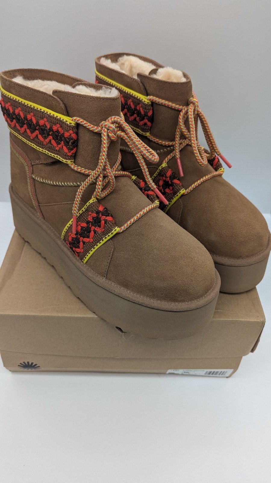 (WOMEN'S 9.0 US) UGG CLASSIC MINI BRAID PLATFORM BOOTS CHESTNUT SUEDE WOOL