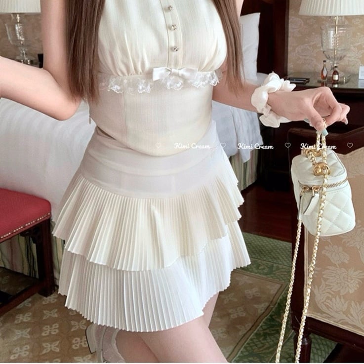 Japanese Kawaii Y2K Cottagecore Cream Ivory Pleated Mini Skirt Skorts