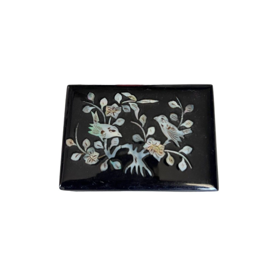 Vintage Black Lacquer Jewelry Box Mother of Pearl Inlay Birds Flowers Trinket