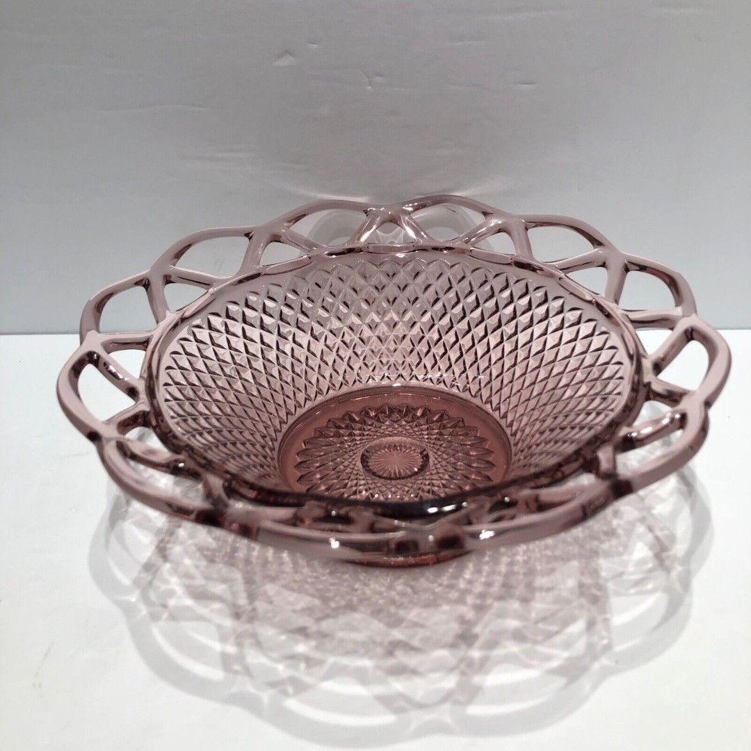 Amethyst Diamond Glass Candy Bowl Dish Open Lace Rim Vintage Trinket Nice Gift