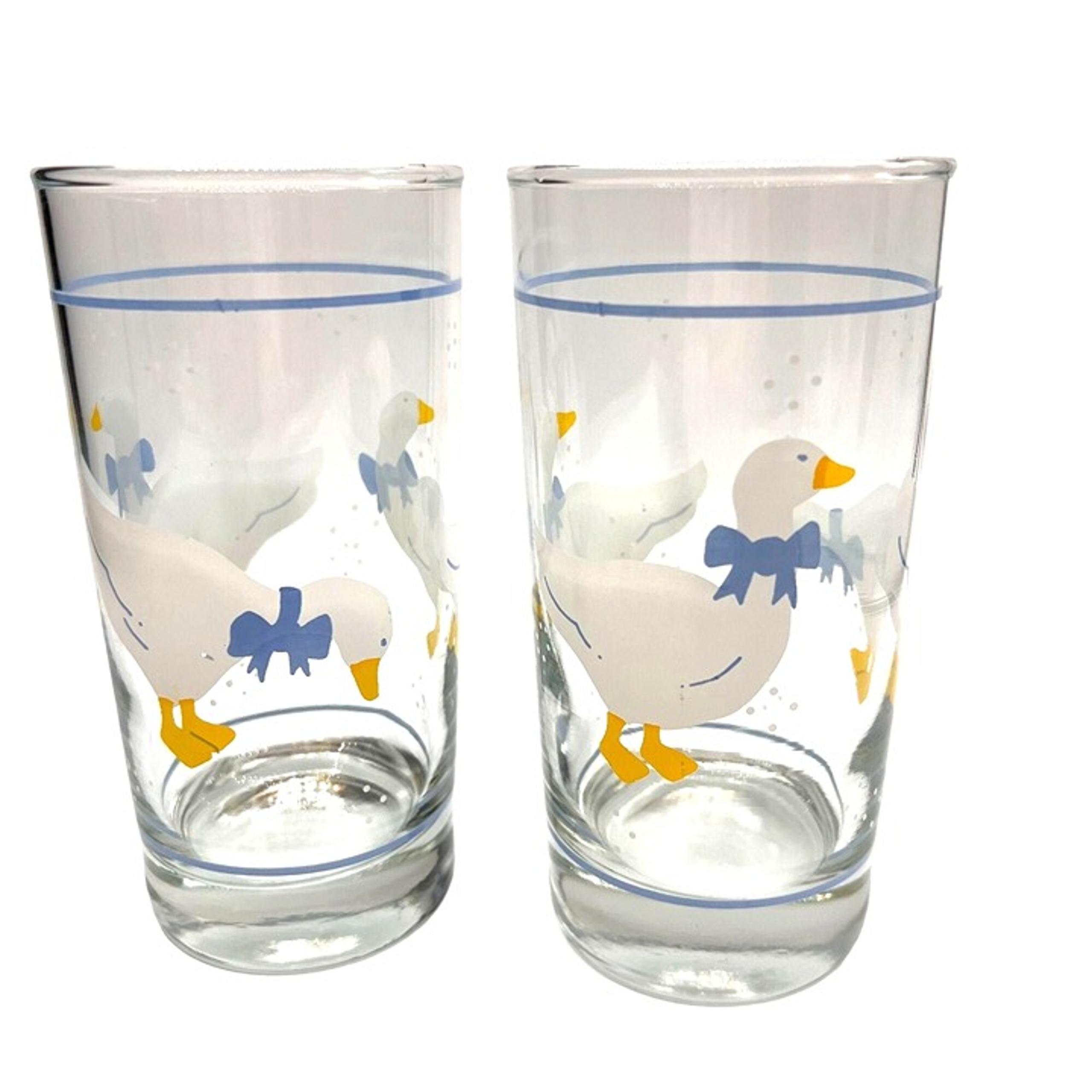 HTF Vintage Anchor Hocking Juice Glasses "Farm Country" Ducks & Blue Ribbons Set