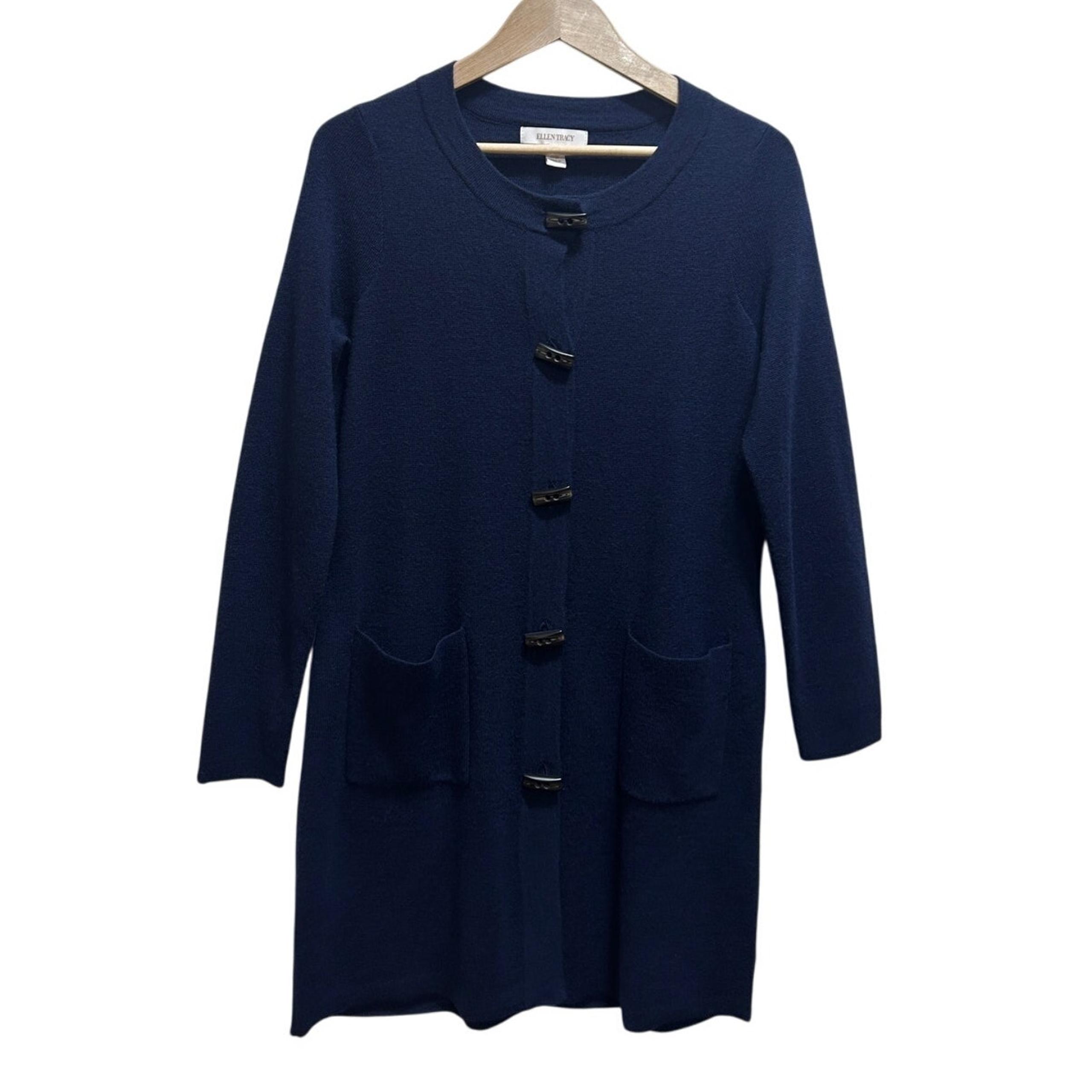 Merino Wool Blend 1X Navy Blue Sweater Cardigan Toggle Button Pocket - Ellen Tracy