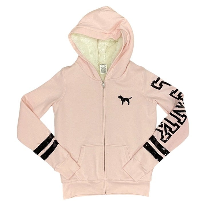 Victoria's Secret Pink Faux Fur Blinged out Full Zip Hoodie, RARE, XS, Pink, EUC