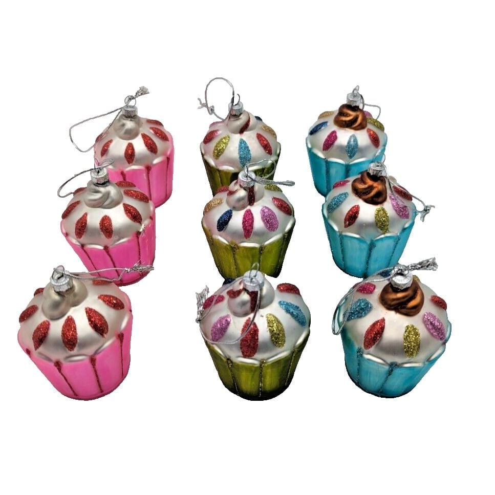 Cupcake Glitter Sprinkles Glass Christmas Ornament Lot Of 9