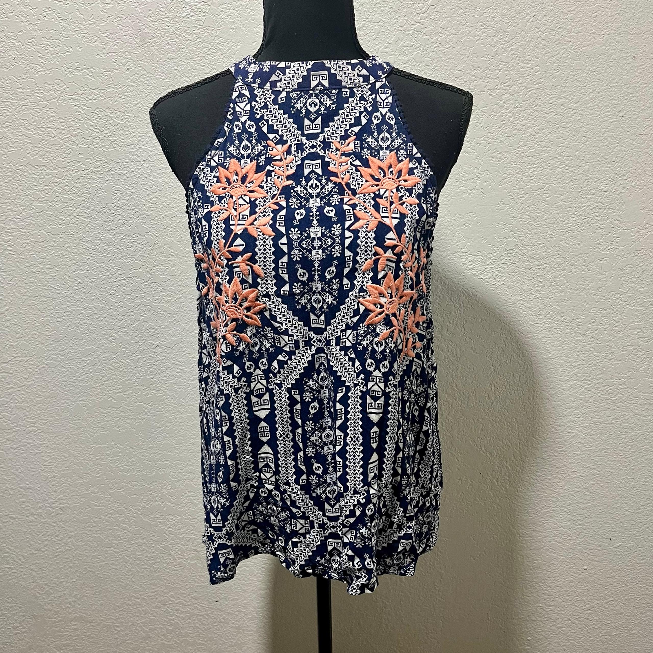 Xhilaration Women’s Large Navy Coral White Halter Style Graphic Print Top