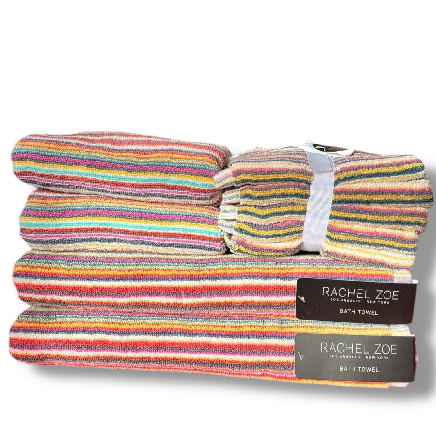 8pc Rachel Zoe Striped Rainbow Multicolored Bath Hand Washcloth Towel Set