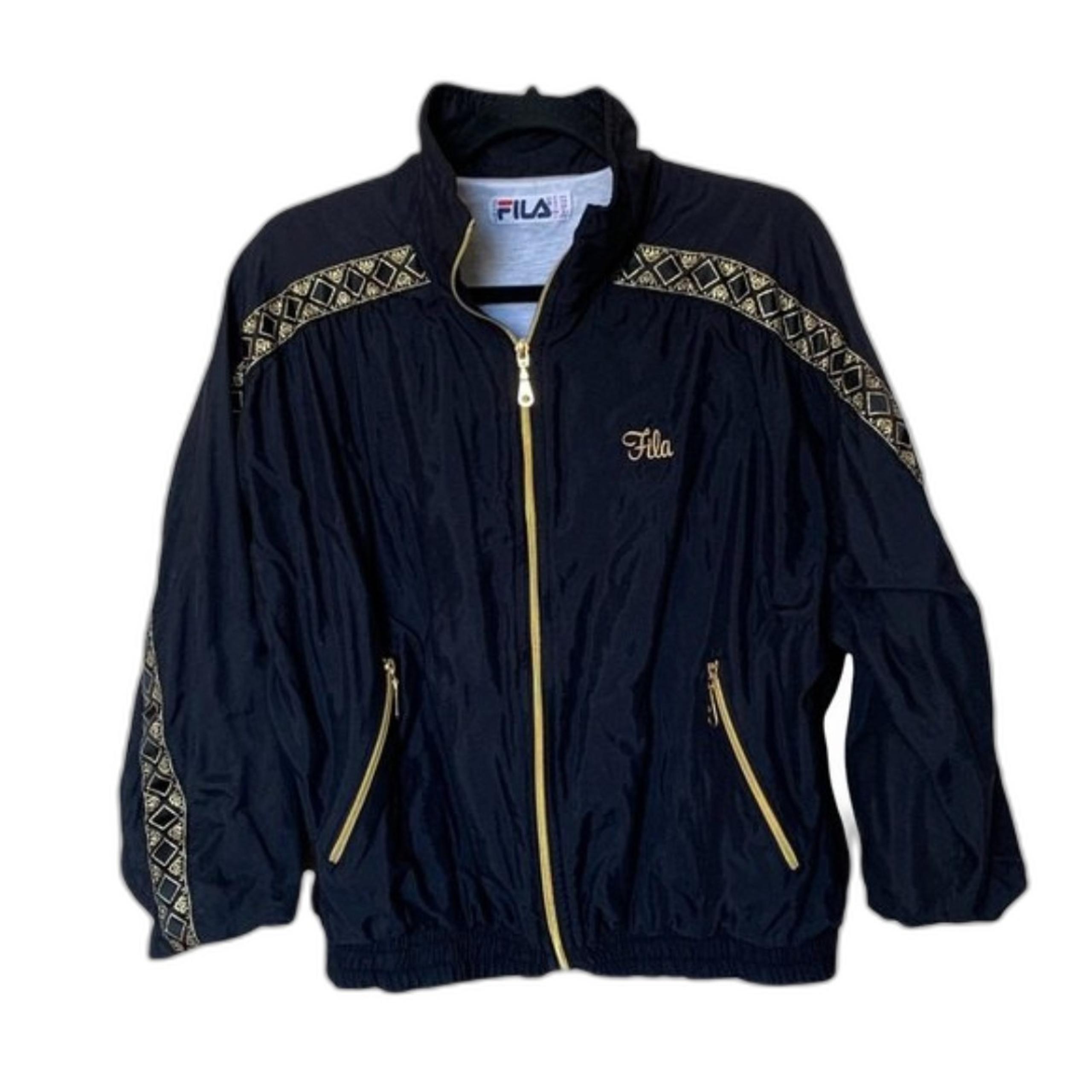 FILA Made in Italy Black with Gold Accents Zip Front Track Jacket Size XL