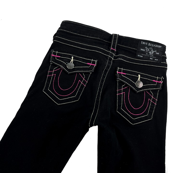 True Religion New Vintage Pink Stitch Billie Mid Rise Straight Jeans Women 25