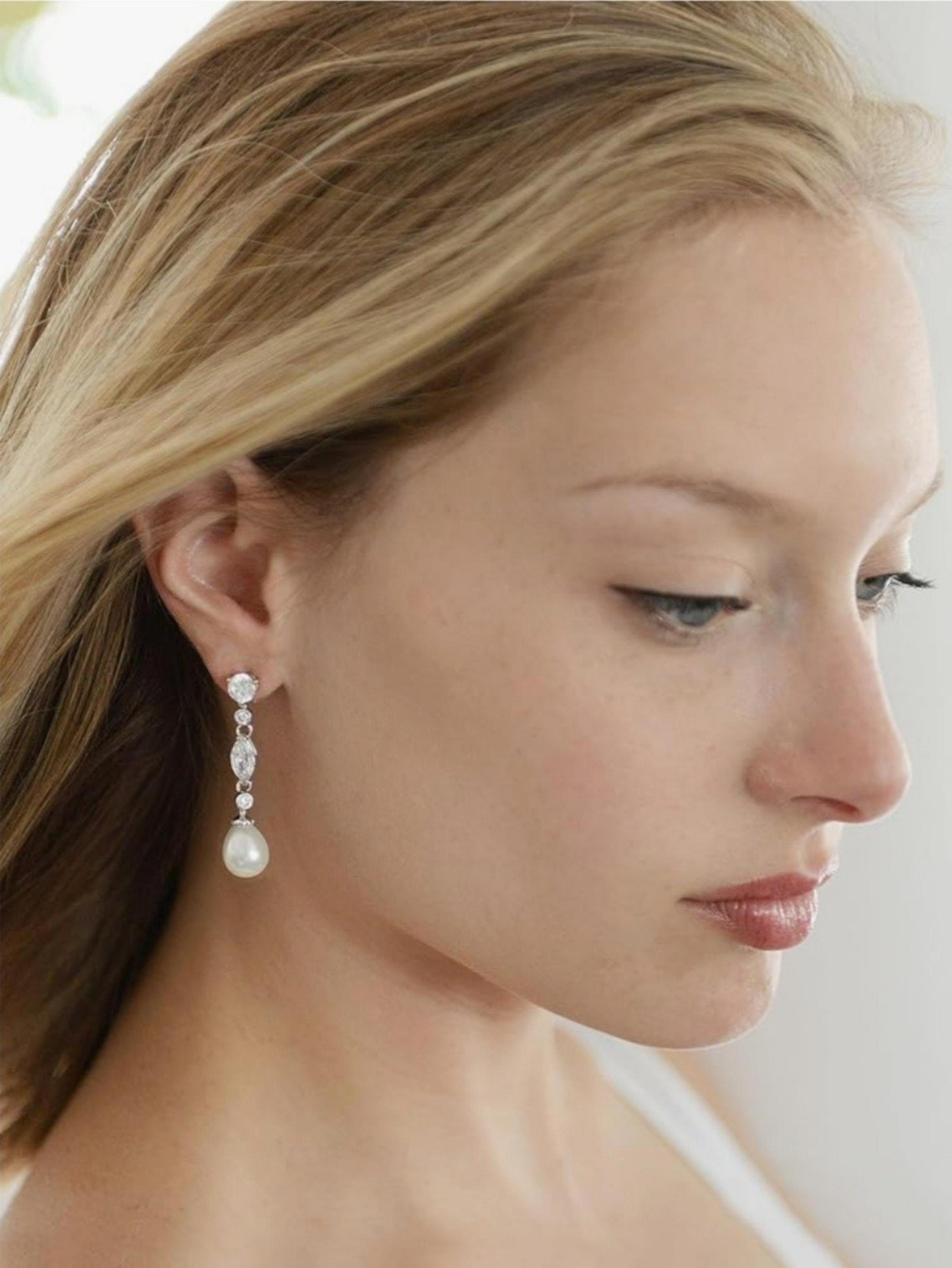 Pearl Dangle Wedding Earrings with Cubic Zirconia Crystals
