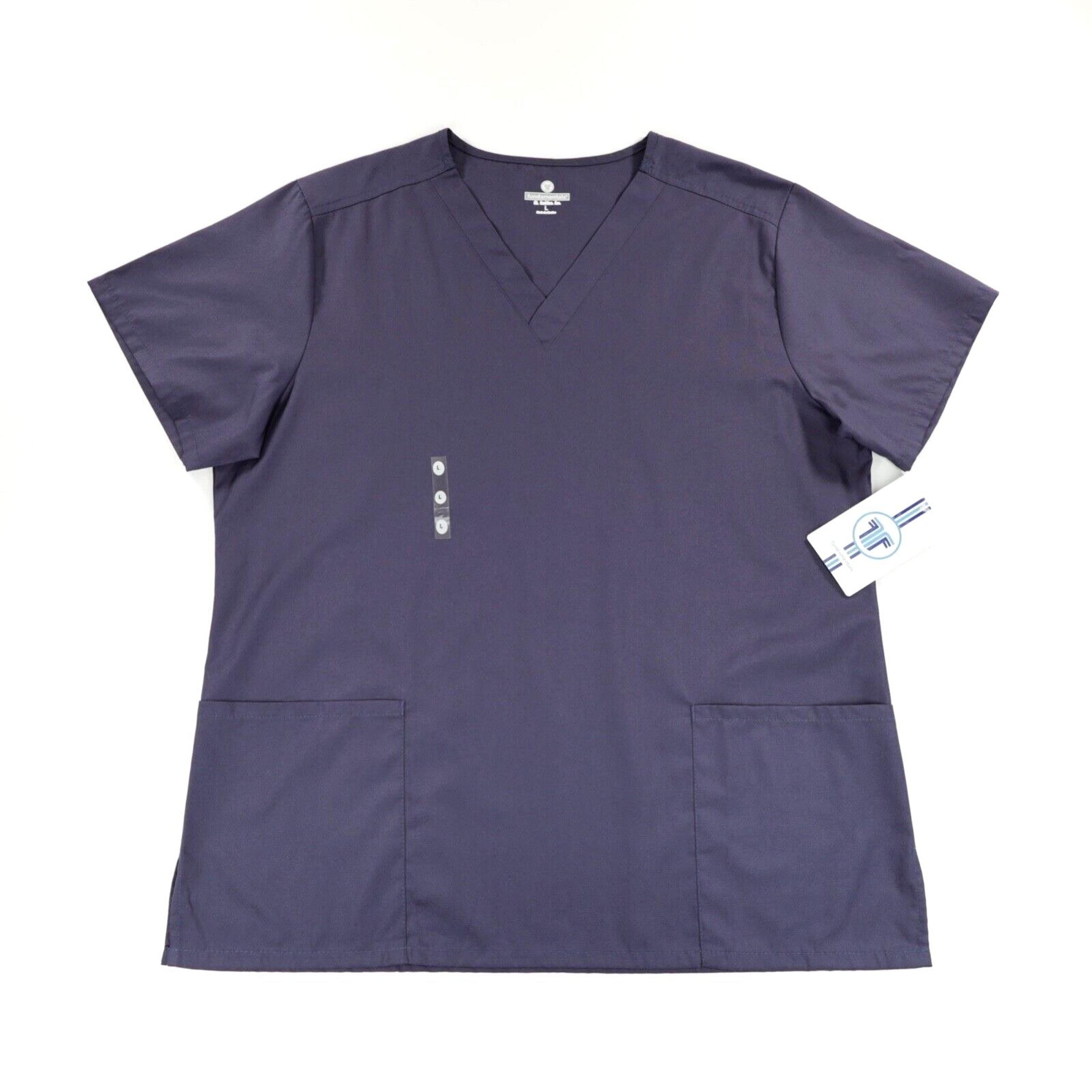 Fundamentals Womens V Neck Short Sleeve Split Hem Pocket Scrub Top Navy Size L