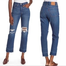 Levi’s Premium 501 Original High Rise Distressed Cropped jeans in bottom line‎