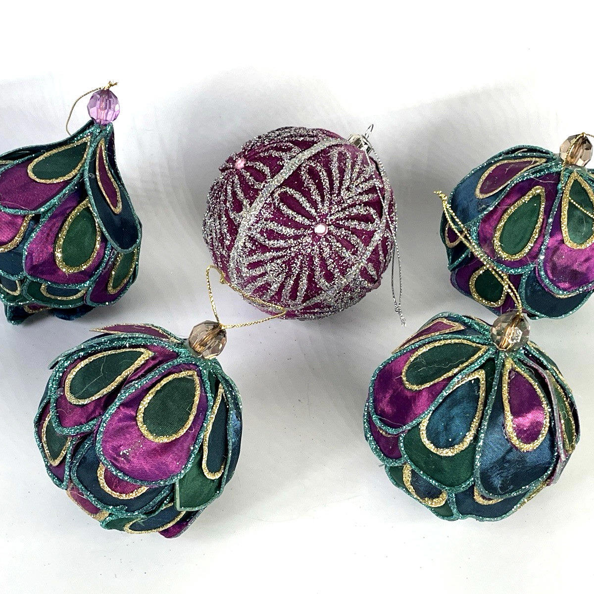 Pier 1 Fabric Peacock Christmas Ball Ornaments 3 Colorful LOT of 5