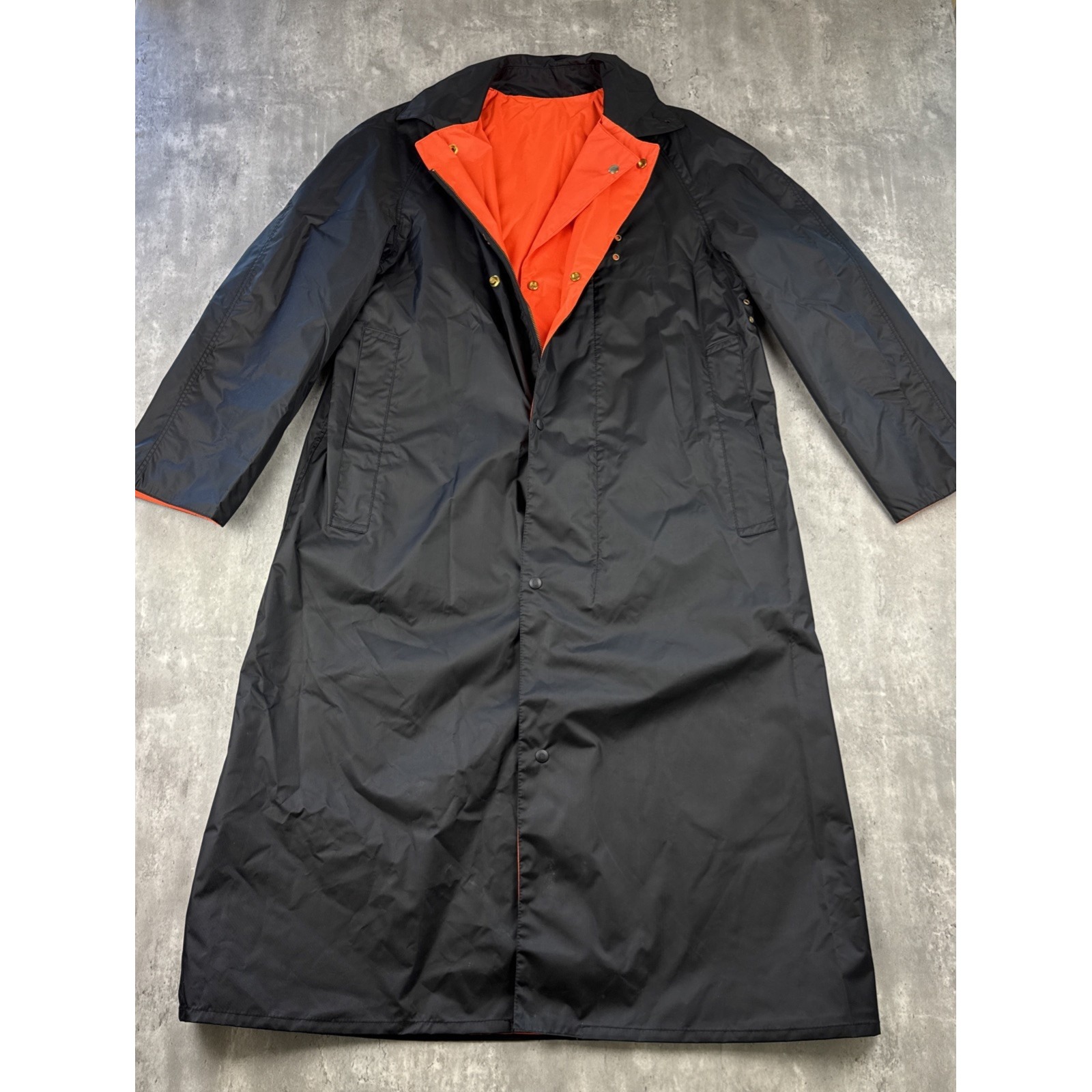 Vtg 70s Raincoat Men Medium Black Orange Reversible Waterproof Trench Jacket