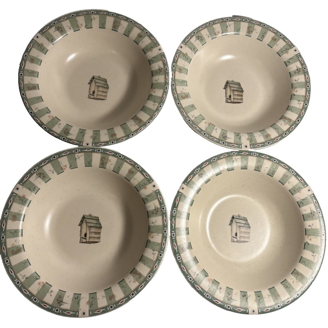 Set of 4 Pfaltzgraff Naturewood Birdhouse Soup Cereal Bowls Beige Green EUC
