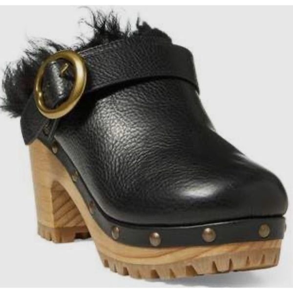 Polo Ralph Lauren Womens Leather Block Heel Shearling Clogs Shoes Black Size 8