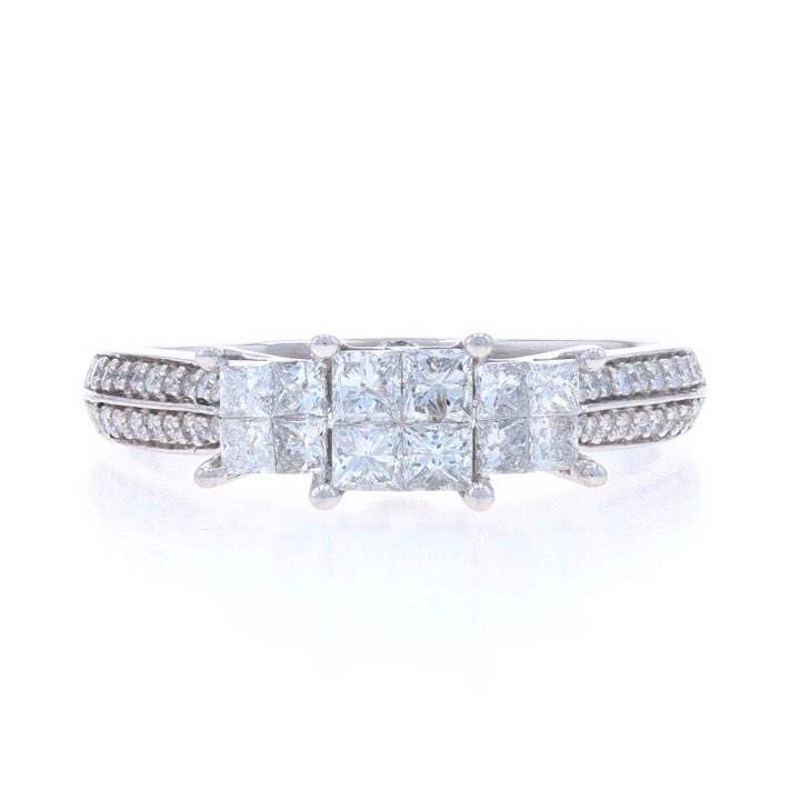 White Gold Diamond Cluster Engagement Ring - 14k Princess & Round 1.00ctw LX4239
