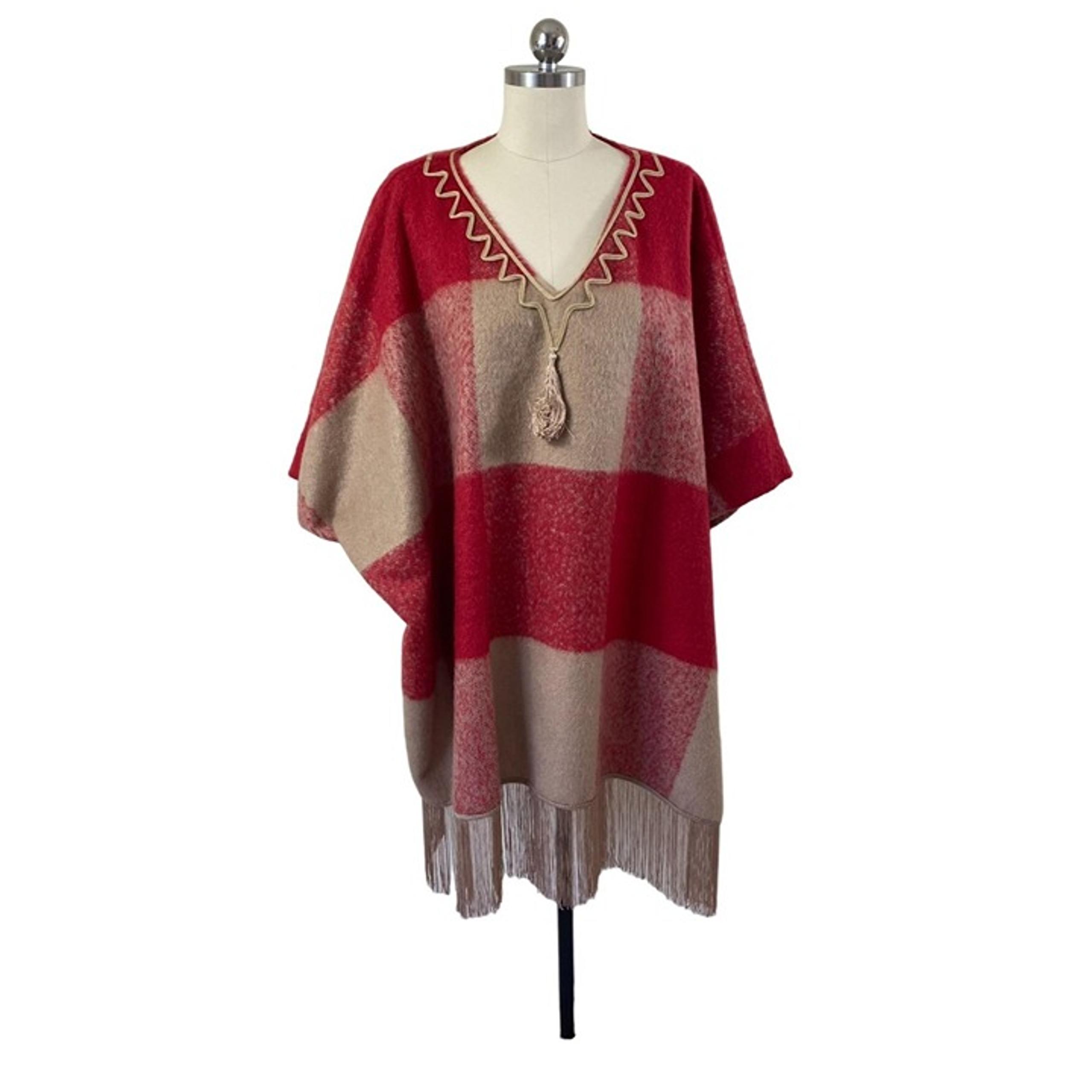 Adam Lippes For Target Womens Wool Poncho L/XL Red Buffalo Plaid Tassle