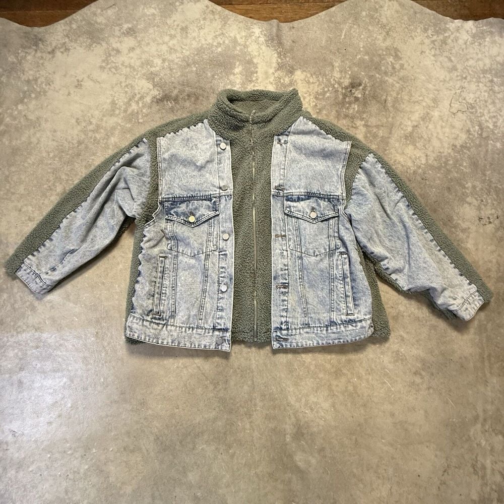 Blank NYC Jacket Womens Large Blue Green Shearling Denim Trucker Oversized