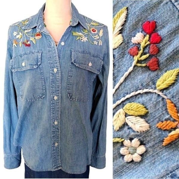 Vntg Ralph Lauren Jeans Co. Denim Floral Embroidered Button Down Top Large