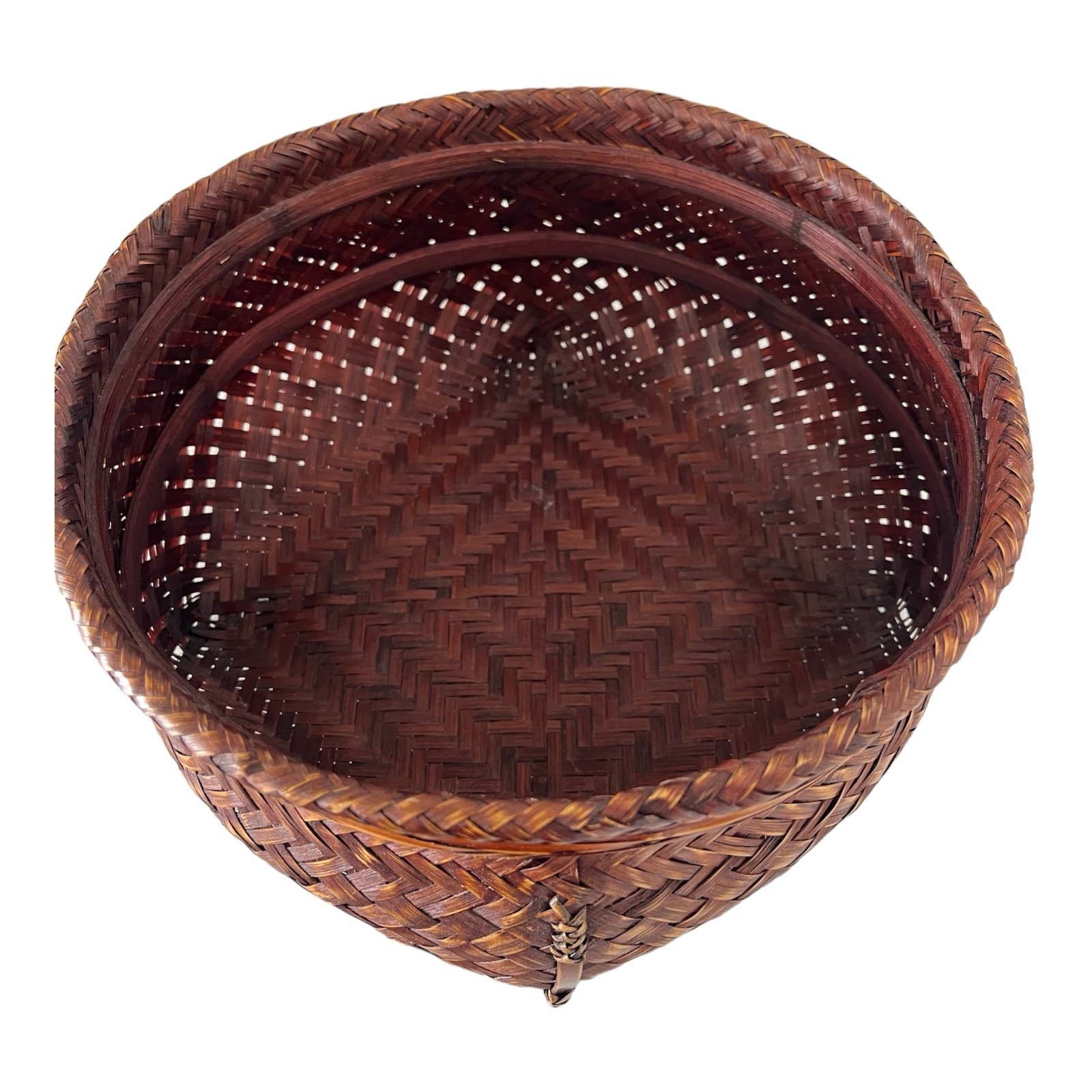 Vintage Bamboo Utility Basket. Woven Sliced Bamboo. 10” diameter, 5” high.