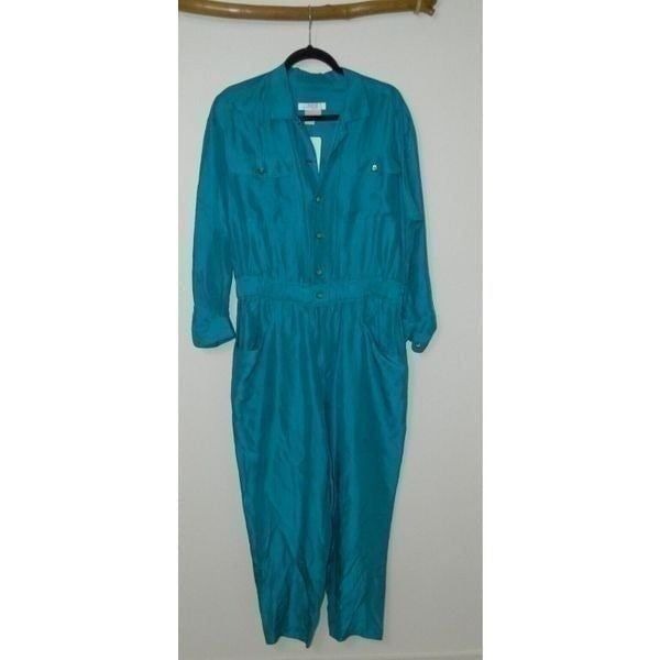 I. Magnin Jumpsuit Vintage Women's Turquoise Silk 1980's Pockets Size 12