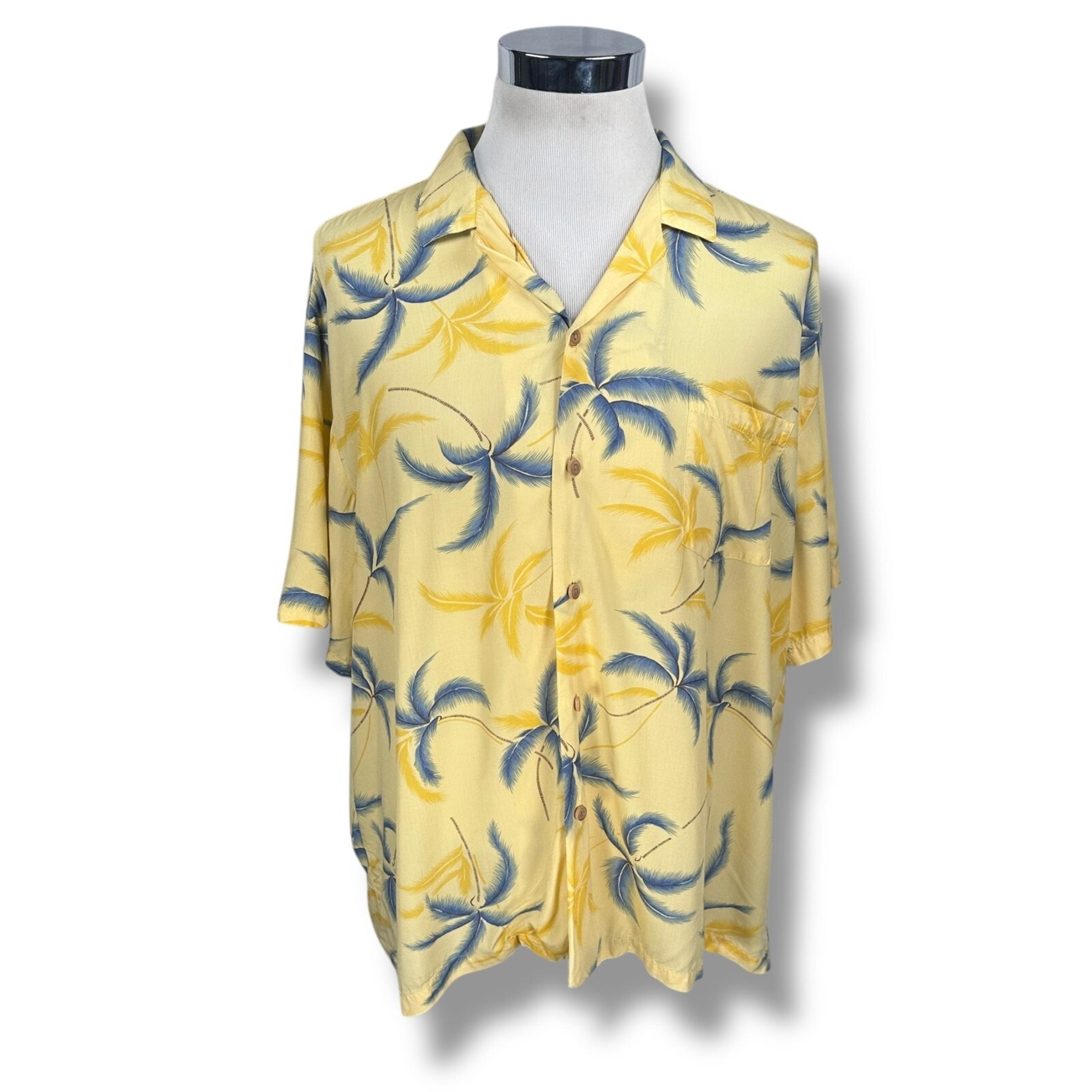 Vintage Paradise Found Hawaiian Shirt Men's 2XL XXL Yellow Blue Palm Rayon 80s
