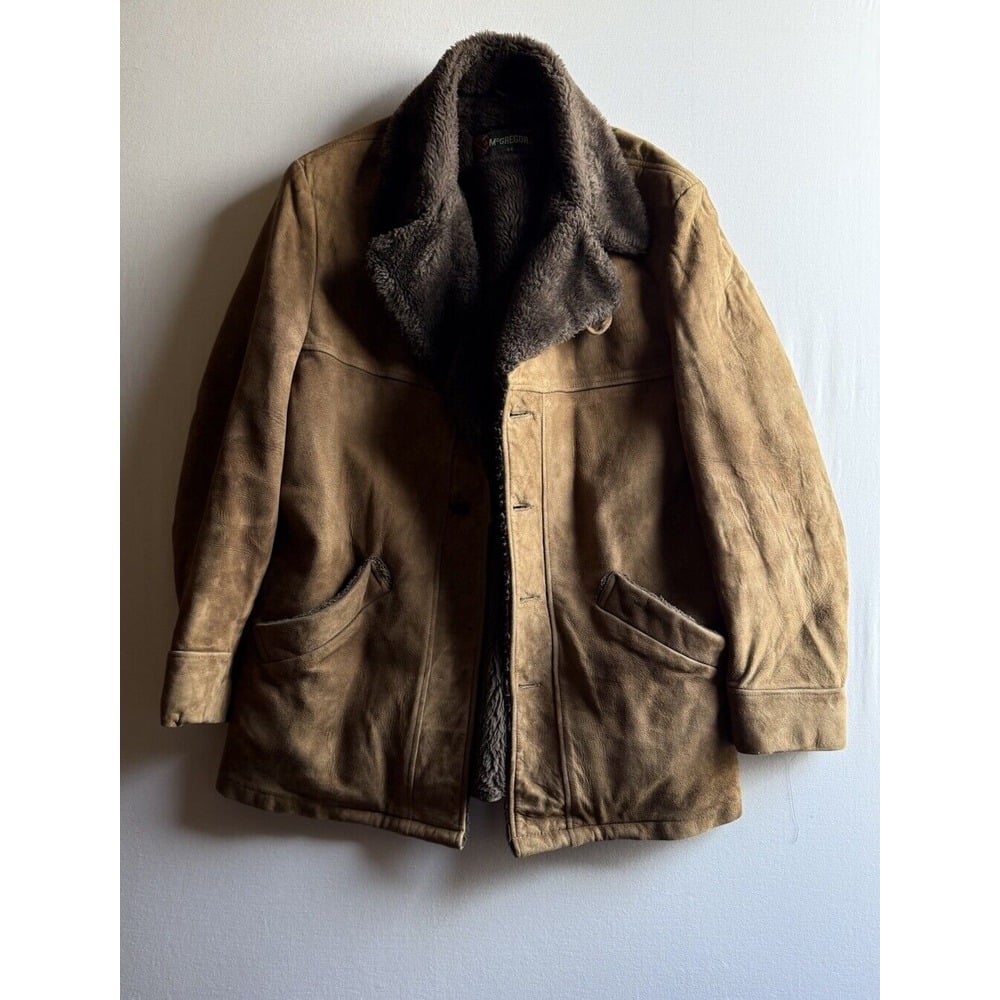 Vintage 70s McGregor Brown Suede Leather Car Coat Jacket Warm Pile Lining 44