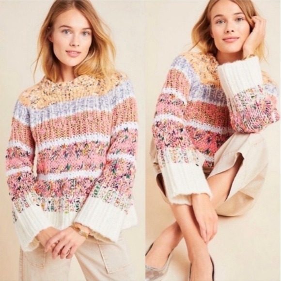 Anthropologie Kahlo Multi Color Striped Chunky Knit Pullover Oversized Sweater