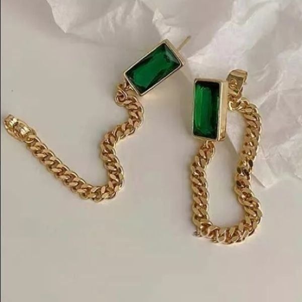 The Champion Square Emerald Crystal Gold Chain Dangle drop Earrings