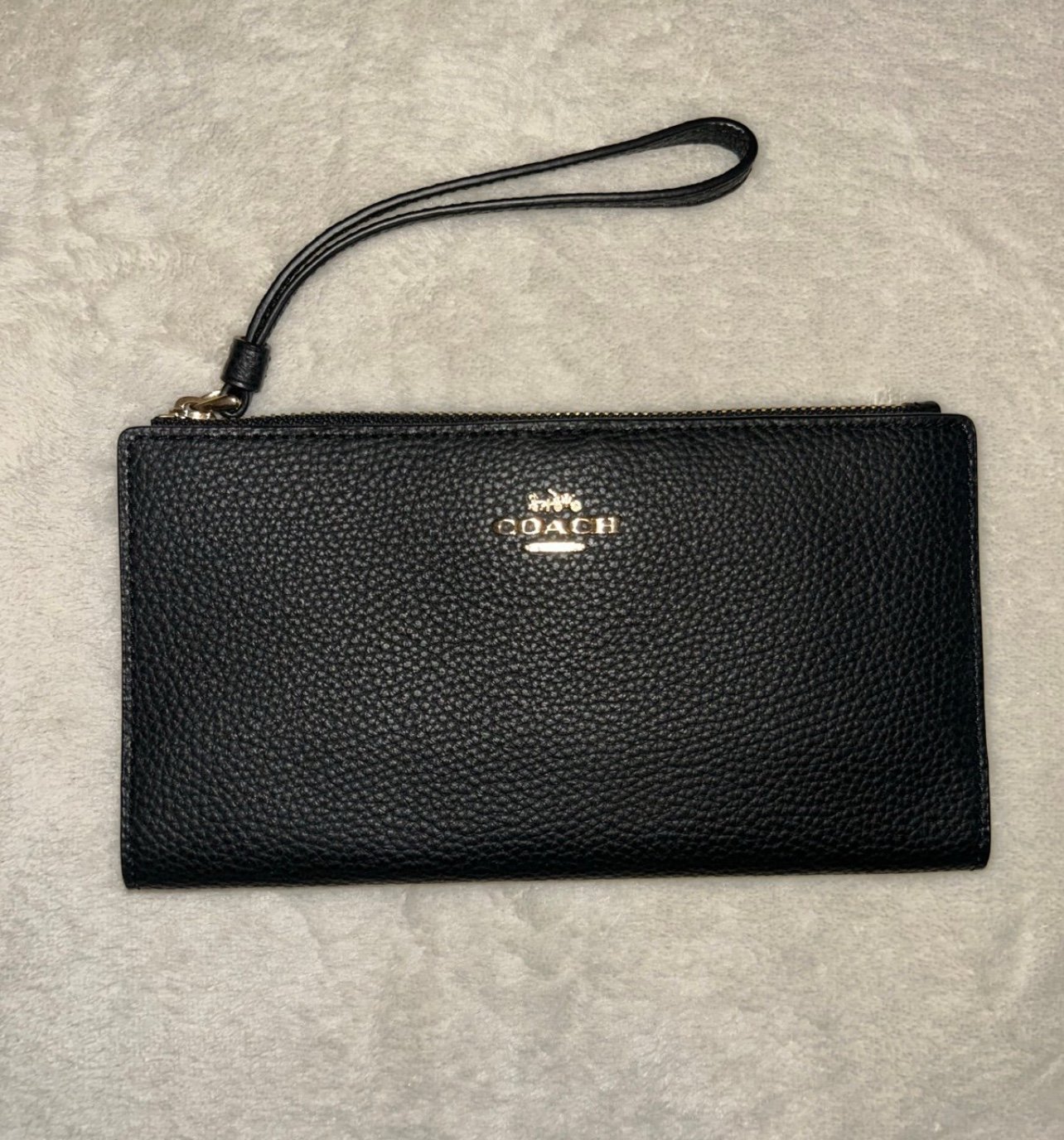 COACH Black Pebble Leather Bi-Fold Slim Wallet Wristlet Attachment w Gold Hardw