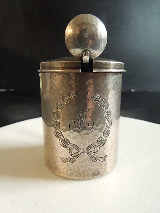 Rare 1910 Arts & Crafts Hand Hammered Sterling Silver Mustard Pot + Spoon MCM