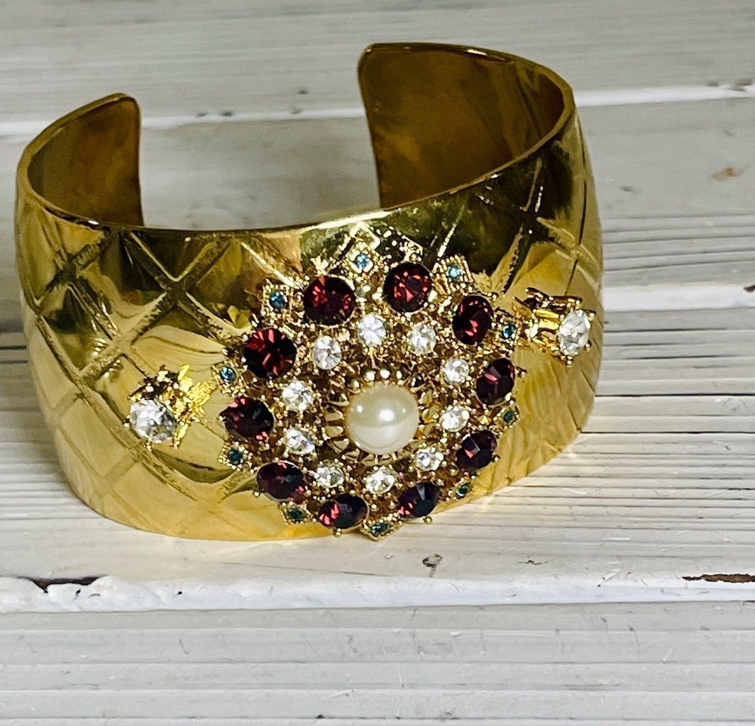 Vintage RJ Graziano Crystal Red Rhinestone Gold Cuff Bracelet