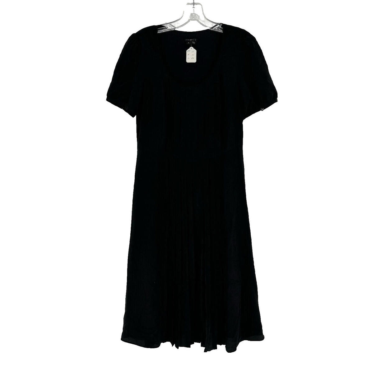 Theory Womens Black 100% Silk Pleated Crew Neck Short Sleeve Midi Dress Sz 8