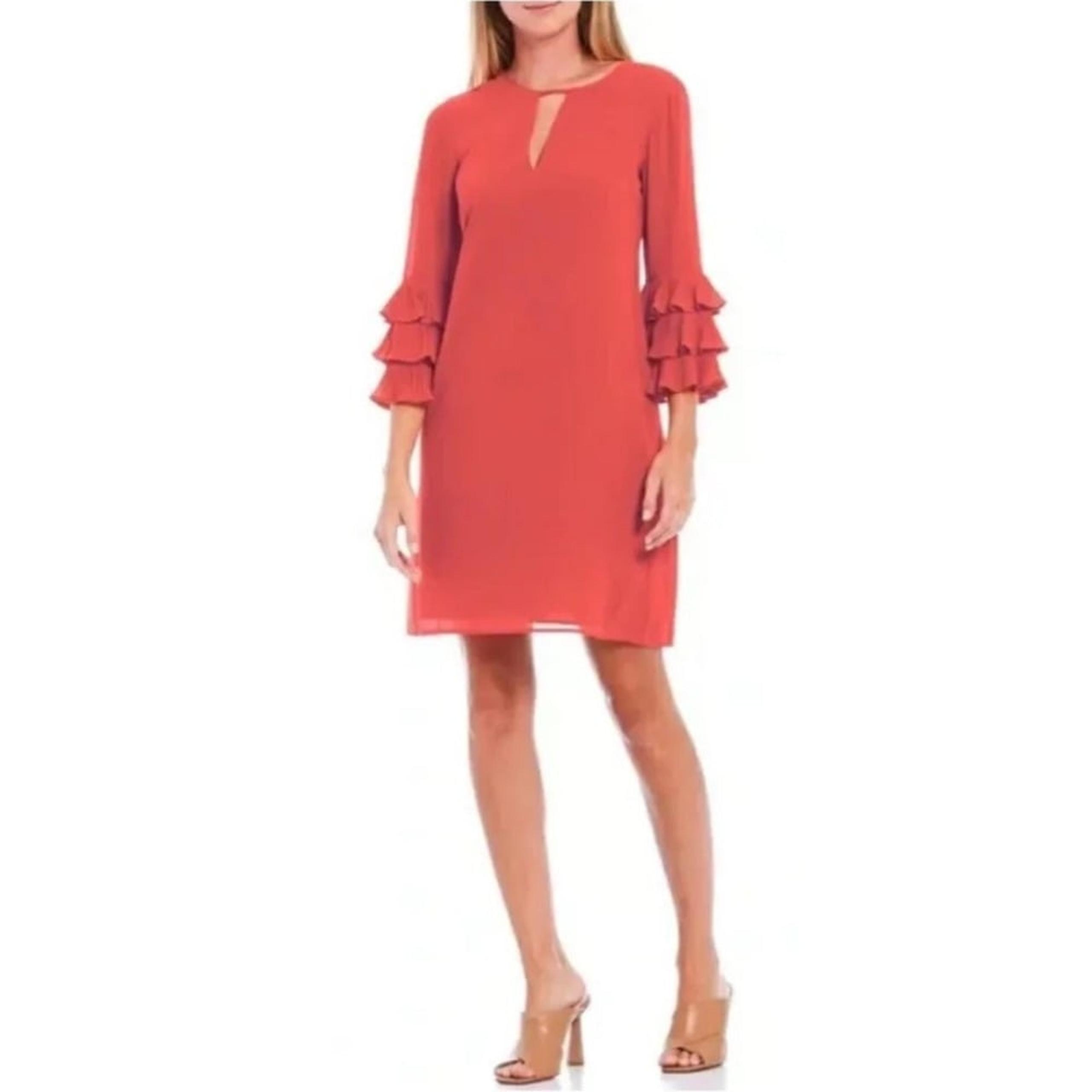EUC Vince Camuto Coral Shift Dress, Ruffle 3/4 Sleeve, Keyhole Neck Size 6