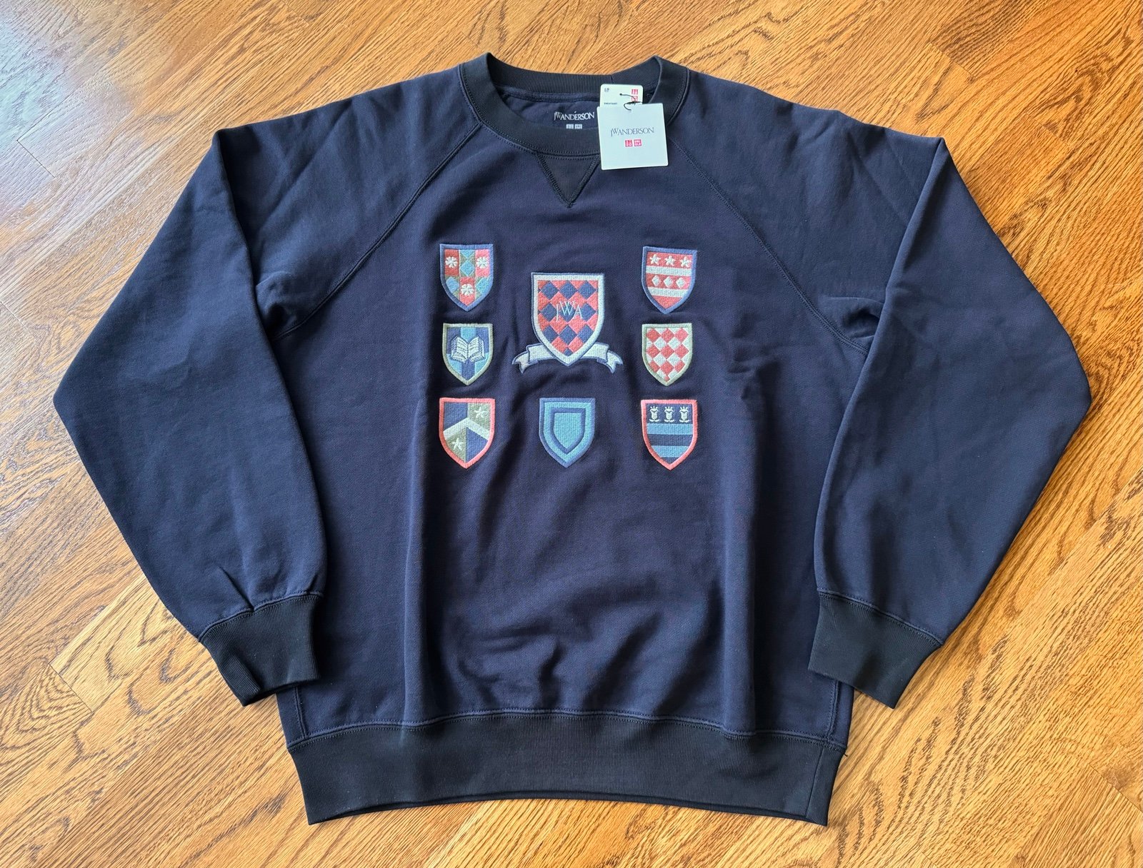 Large JW Anderson Sweatshirt Navy Blue Coat of Arms Family Crest Shirt Uniqlo