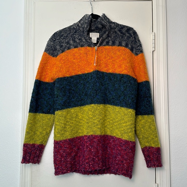 Women's Vintage Quarter Zip Colorblock Wool & Mohair Blend Sweater Size Medium